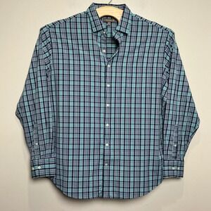 Peter Millar Button Down Shirt Mens XL Teal Blue Plaid Summer Comfort Excellent